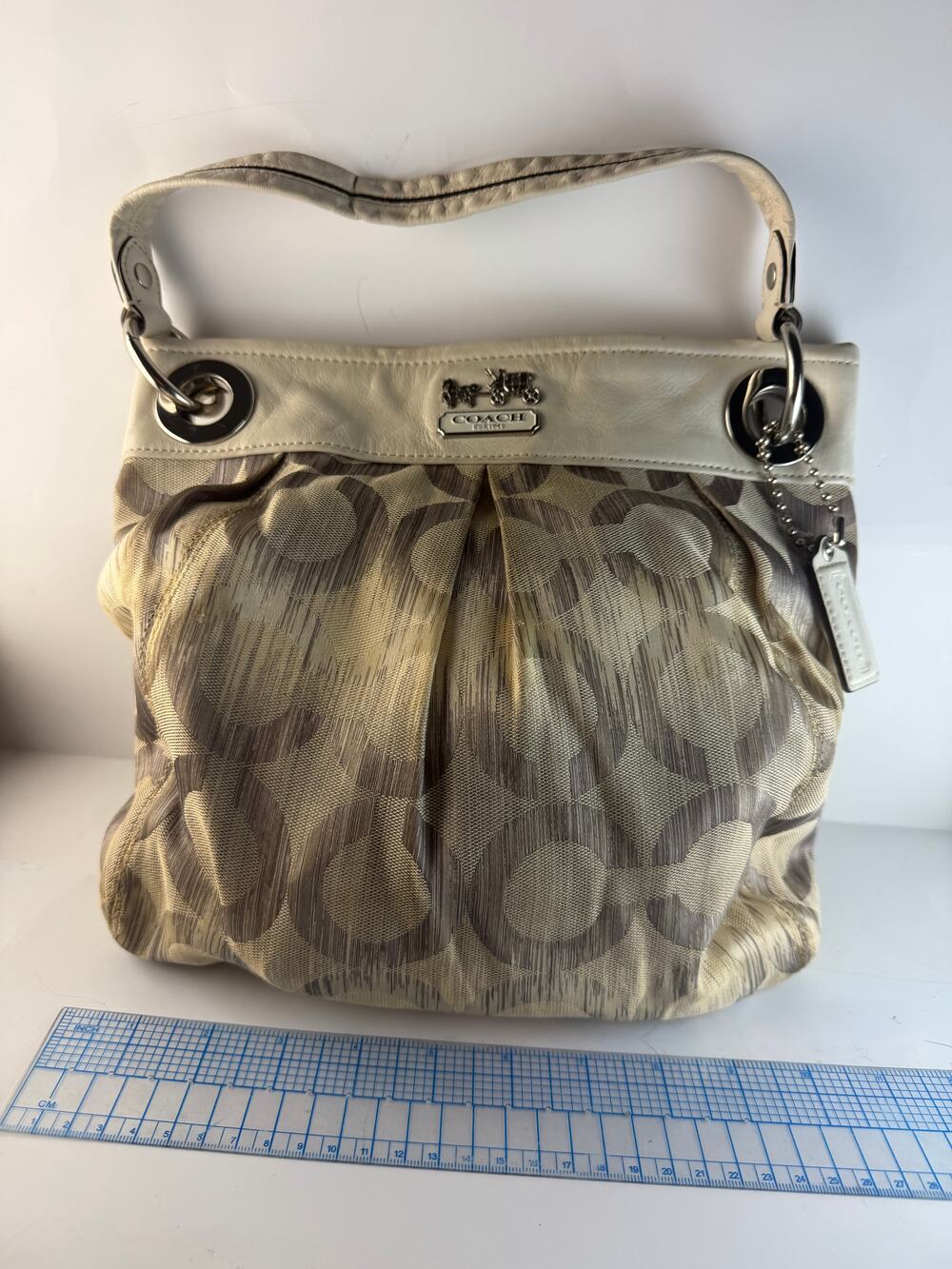 Coach tan and brown signature jacquard shoulder bag with cream leather trim